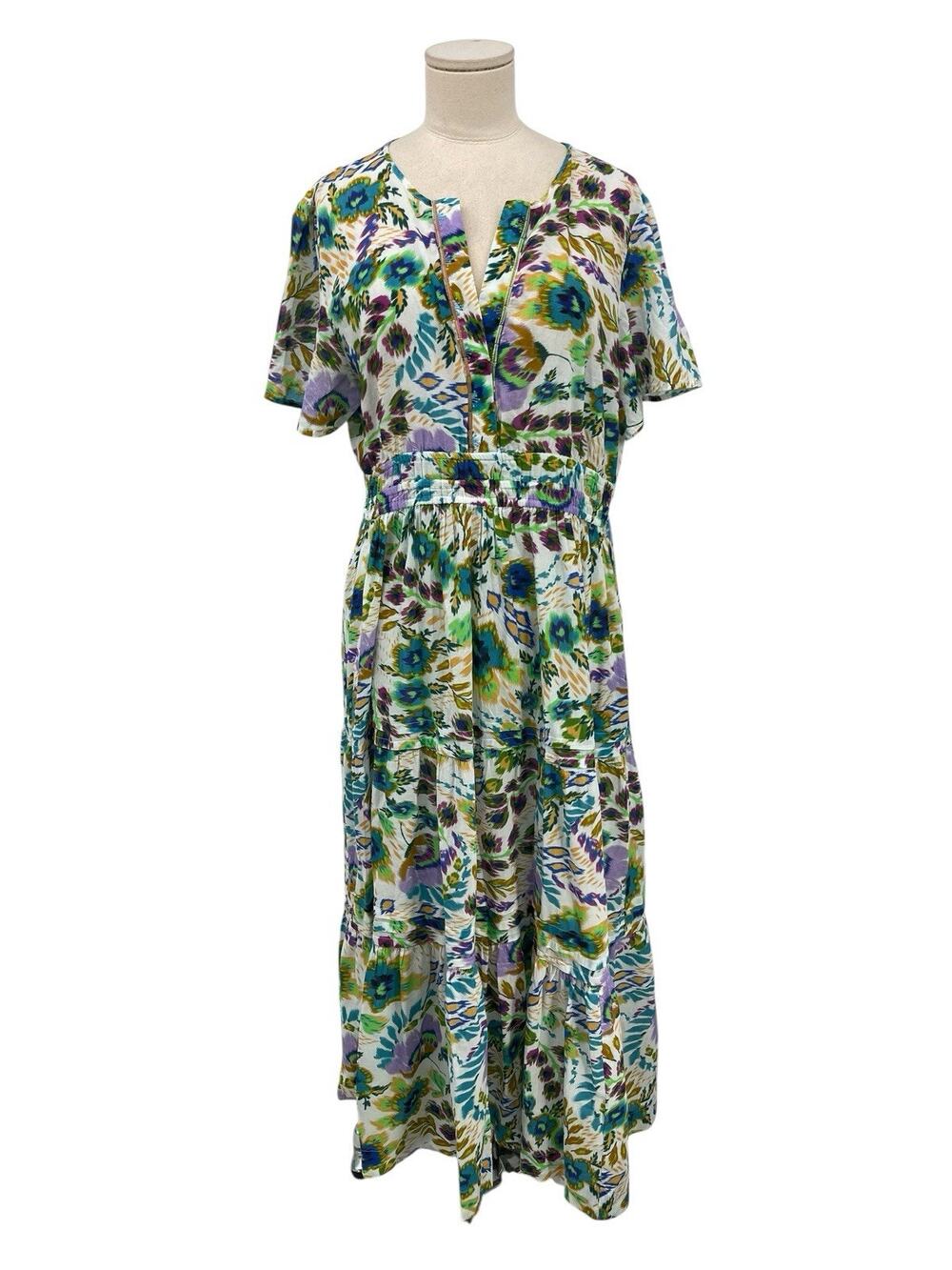 Johnny Was Workshop Ikat Bloom Pintuck Tiered Midi Dress Floral Size Large